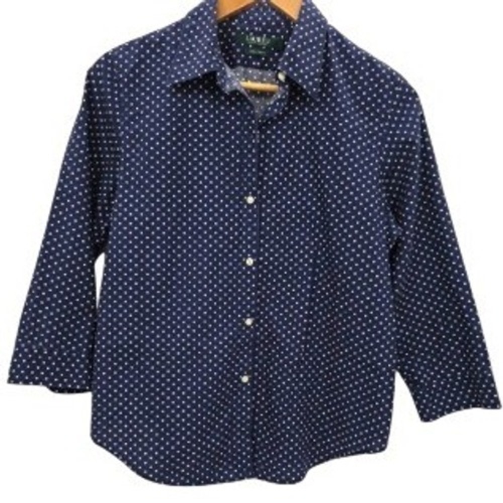 Lauren Ralph Lauren Navy Blue Polka Dot 3/4 Sleeve Button Up Shirt Size Large